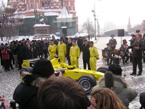 Jordan Grand Prix. Two F1 cars flown for 2005 launch in Red Square, Moscow.